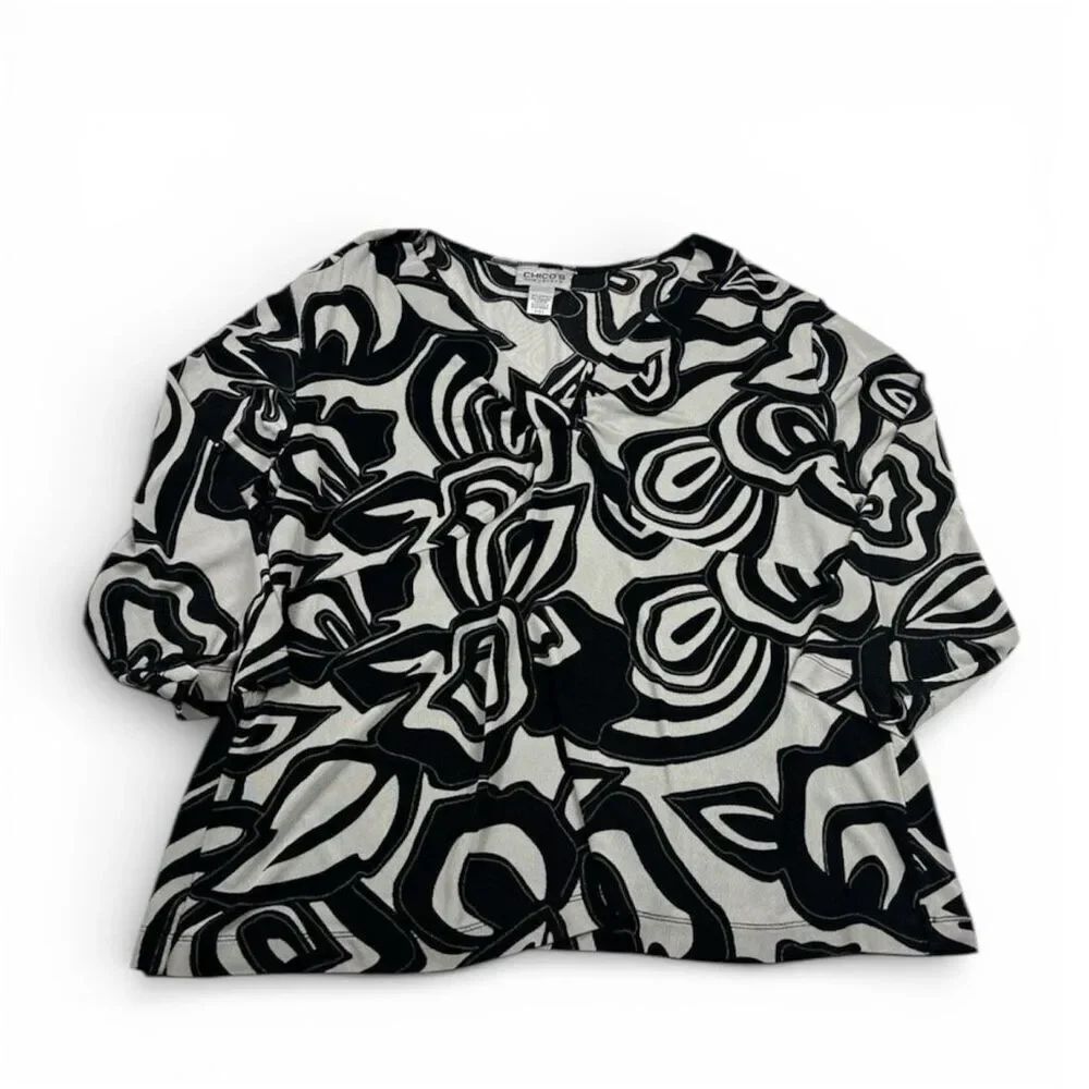 Chico’s 3 XL Abstract Swirl Print Shirt Stretch Artsy Casual Work 3/4 Sleeve Top